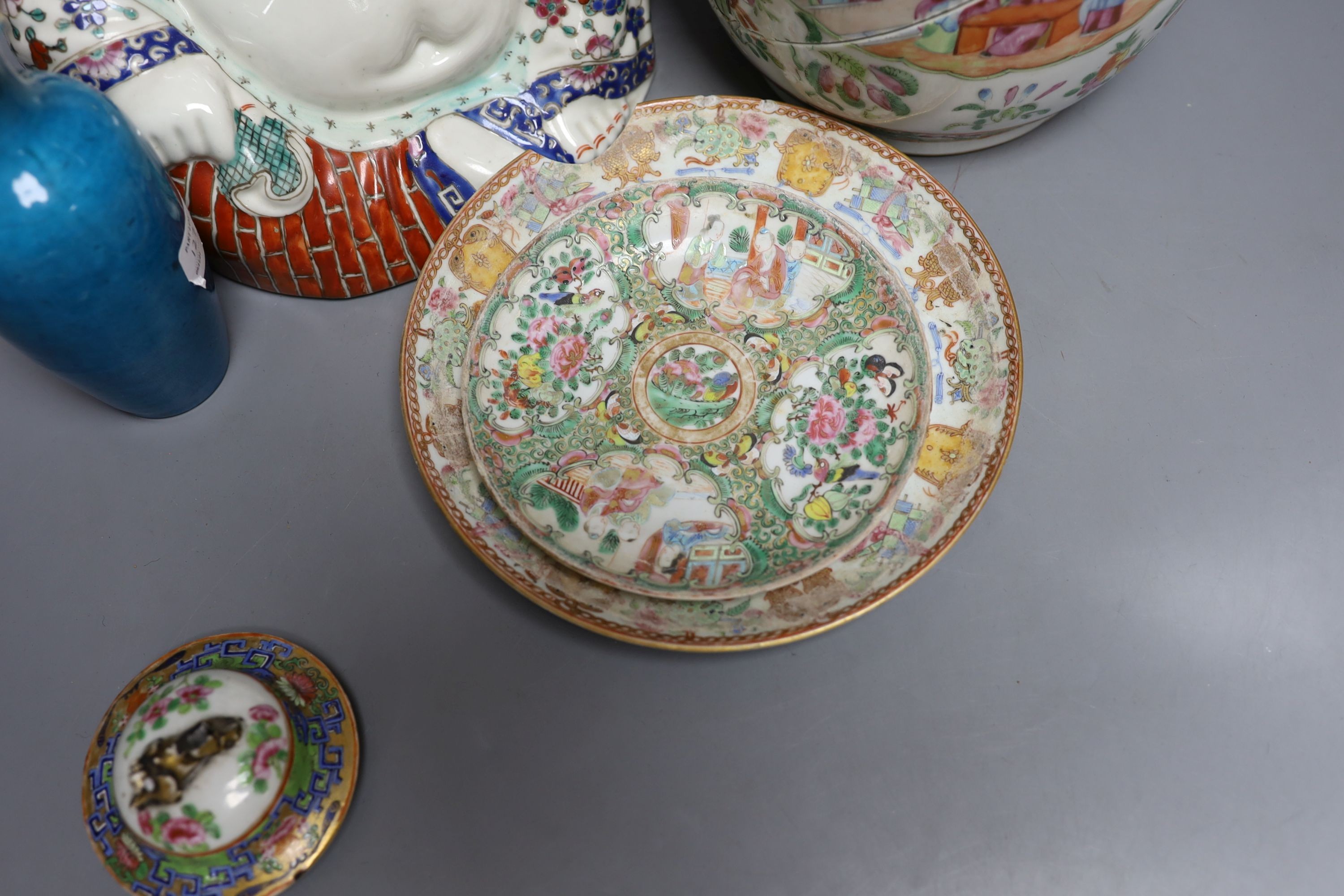 A Chinese famille rose vase, a figure of Budai, a turquoise glaze vase etc, vase 45 cms high.